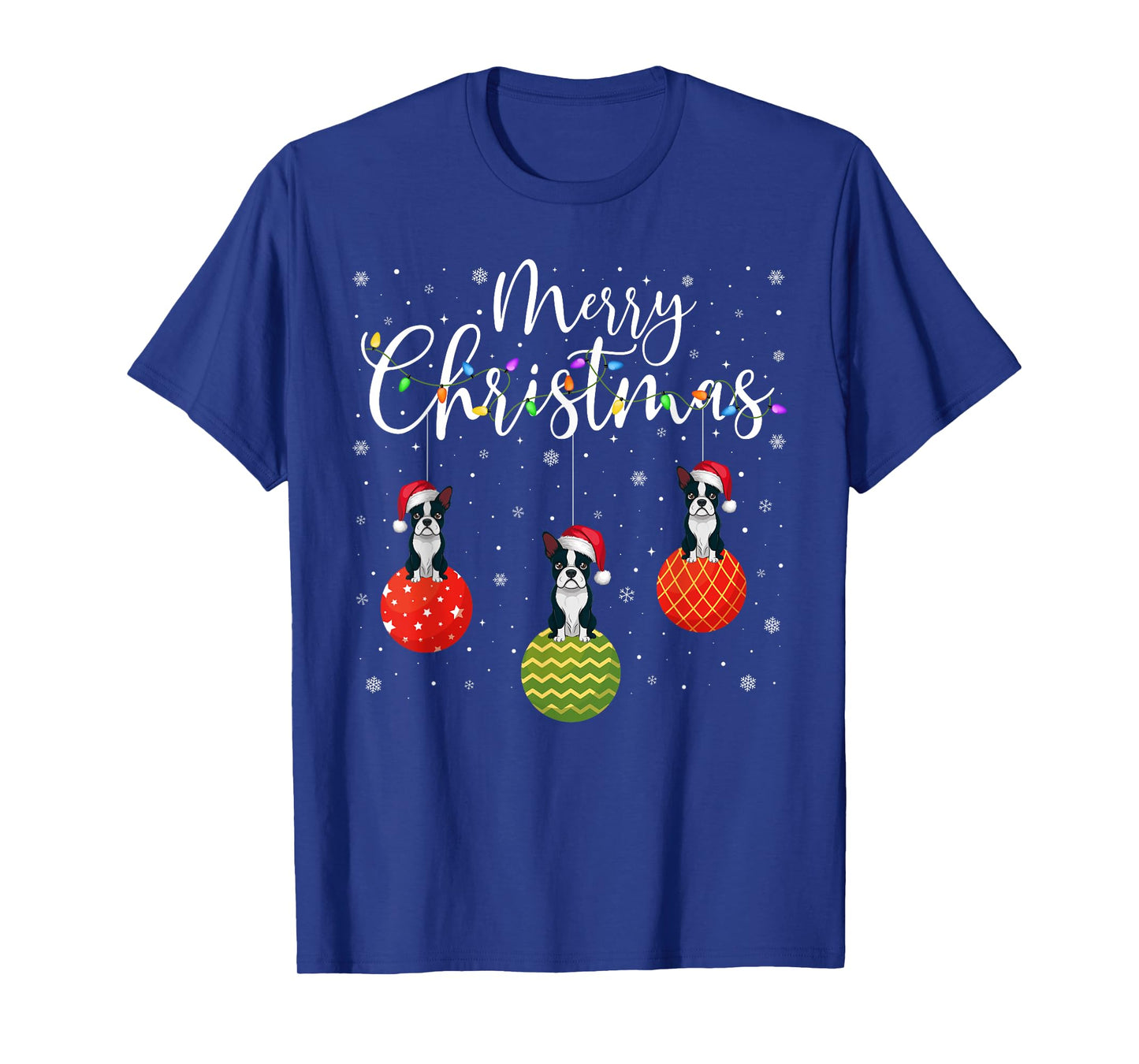 Merry Christmas Lights Santa Hat Boston Terrier Ugly Xmas T-Shirt