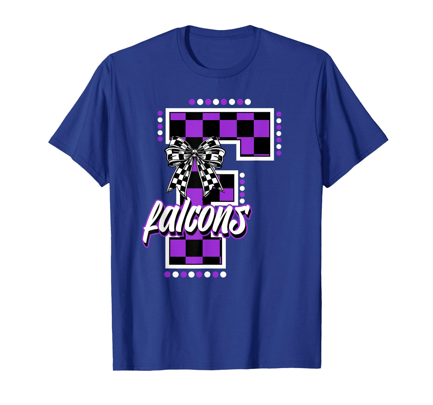 Falcons Checkered Letter School Spirit Mascot Purple Bow T-Shirt