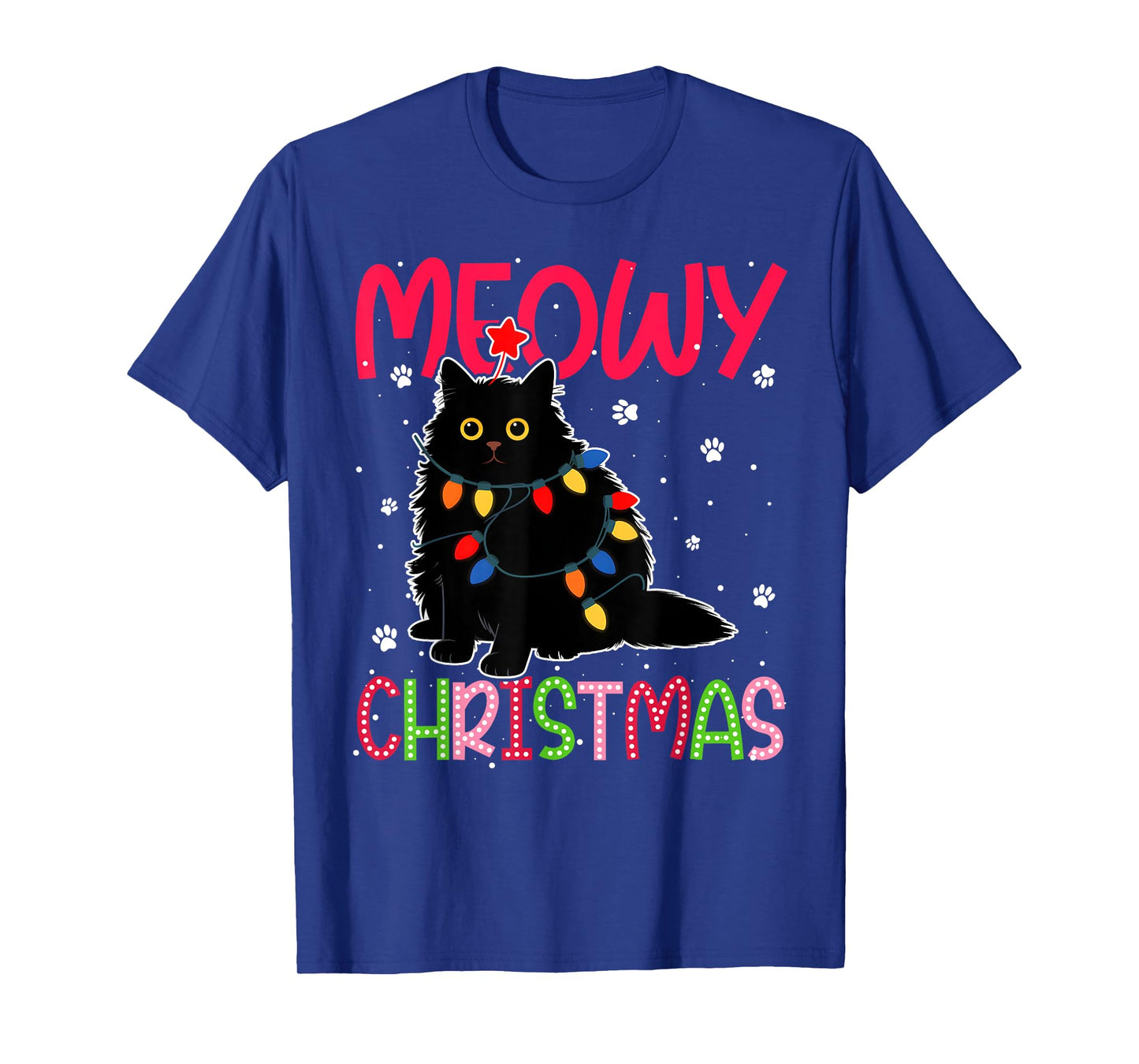 Meowy Christmas Xmas Lights Black Cat Pajamas Family Funny T-Shirt