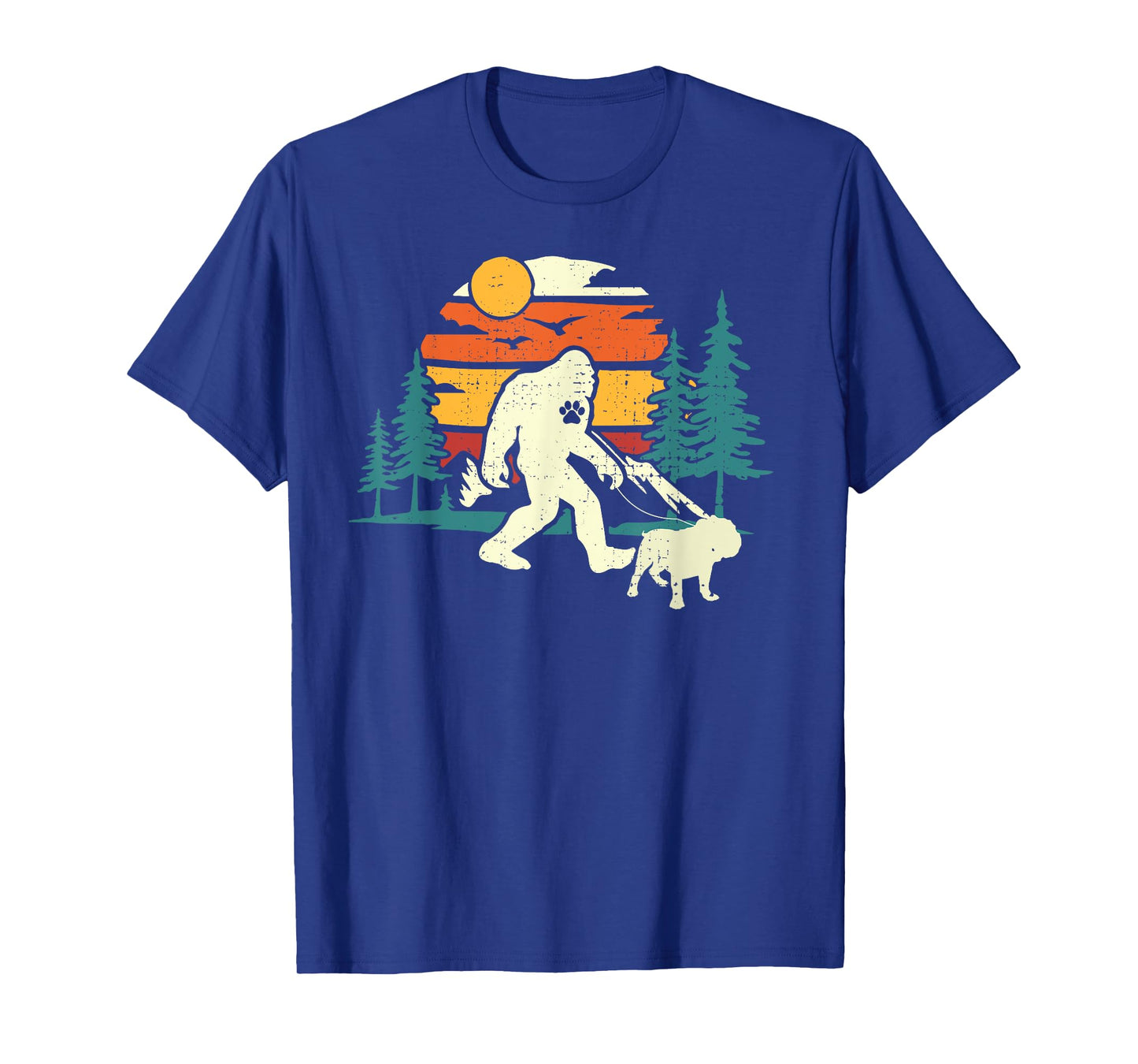Retro Bigfoot Walking English Bulldog Dog Walker Sasquatch Men Women Girls Kids T-Shirt