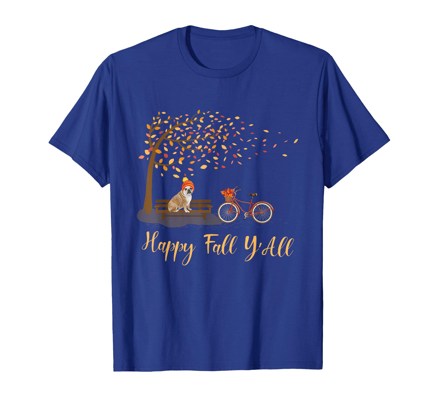 Happy Fall Y'All Funny English Bulldog Autumn Season Bicycle T-Shirt for Men Women Kids
