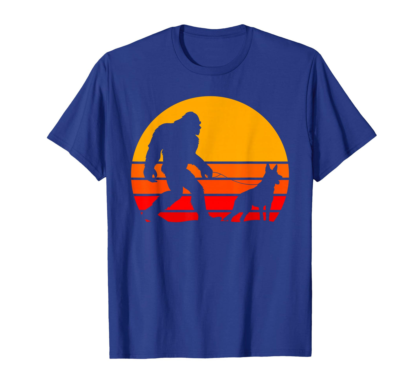 Fun Retro Sunset Bigfoot Sasquatch Walking German Shepherd T-Shirt