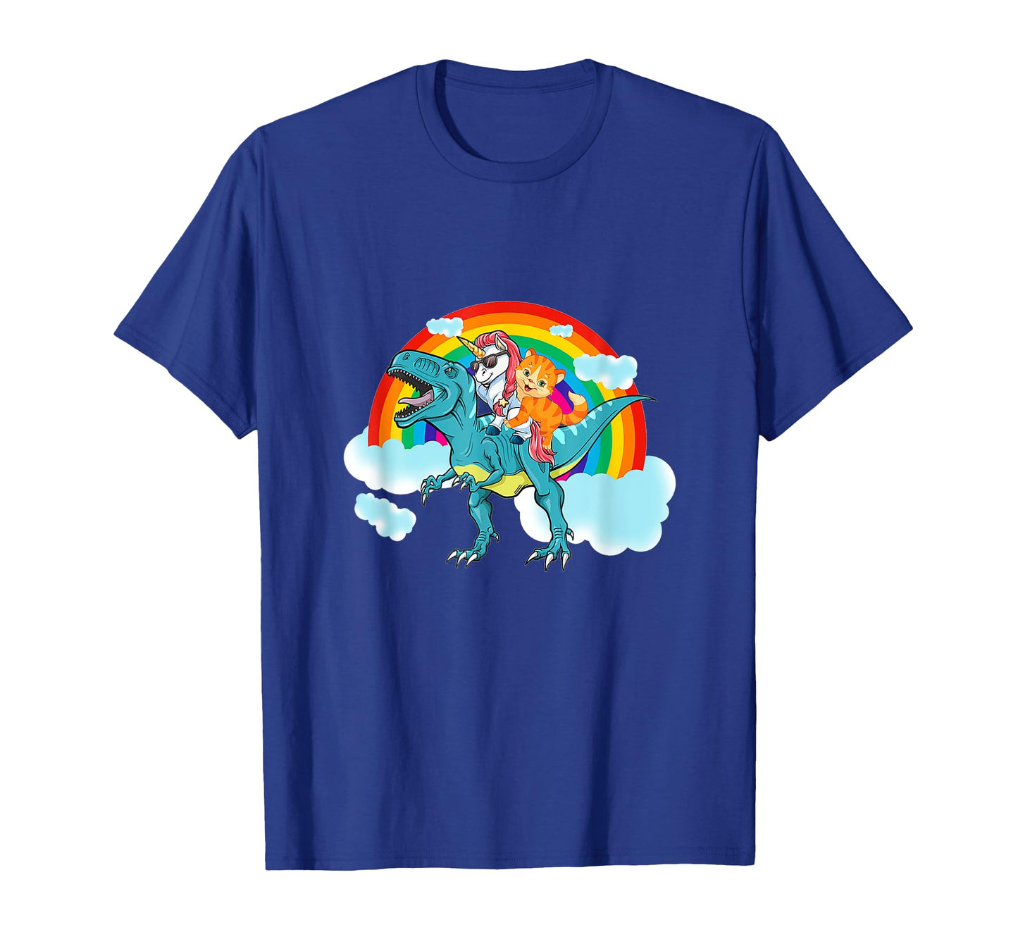 Unicorn Riding Dinosaur Rex Cat Kitten Boys Girls Kids T-Shirt