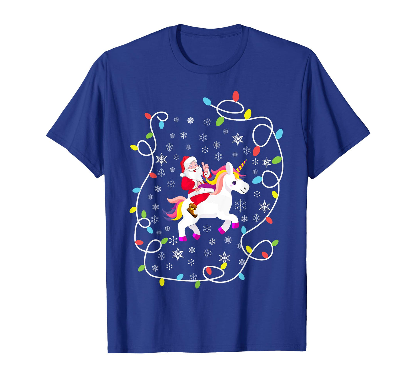 Santa Riding Unicorn Christmas Lights Merry Christmas Tree T-Shirt