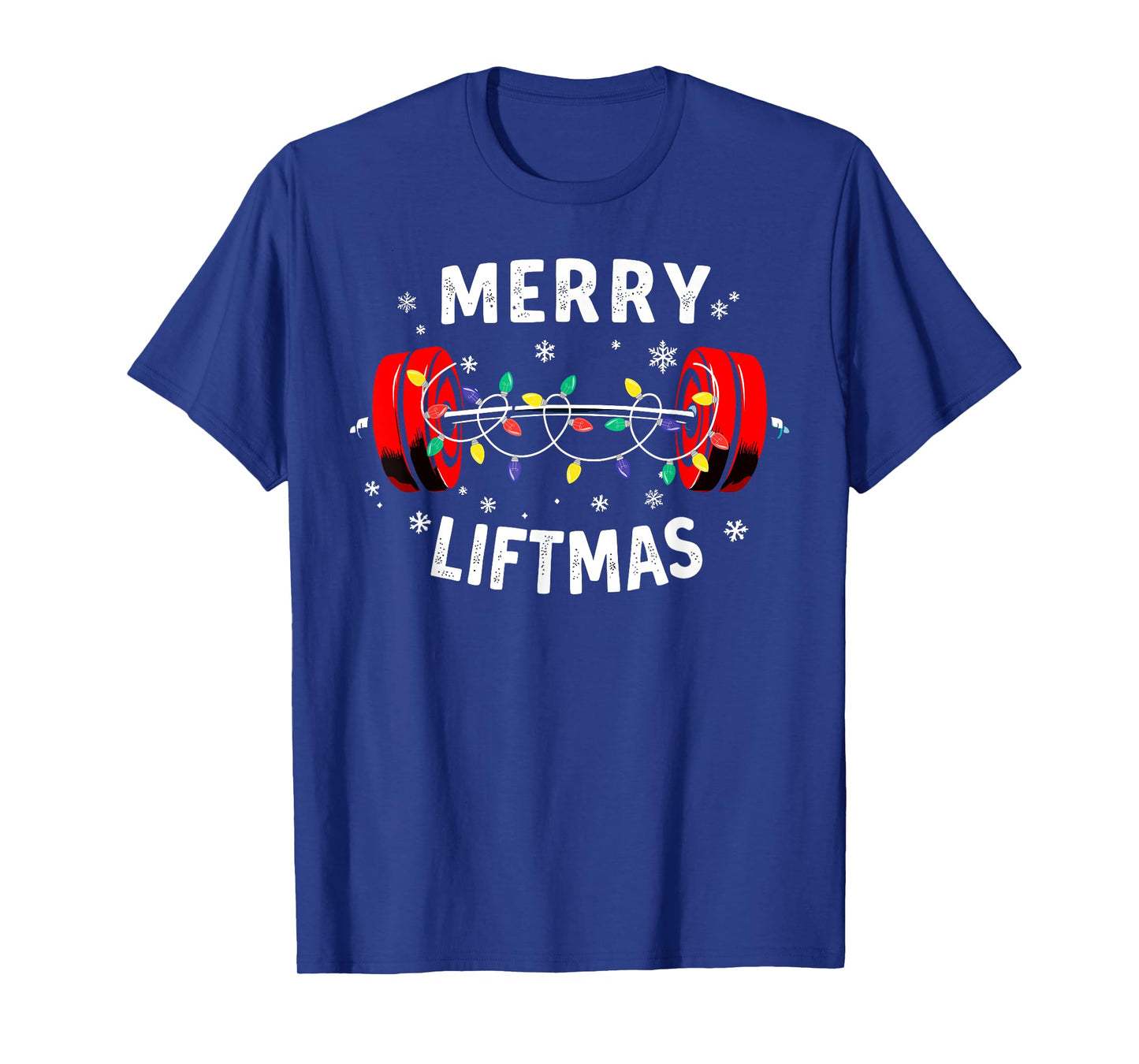 Merry Liftmas Barbell Christmas Tree Lights Weightlifting T-Shirt