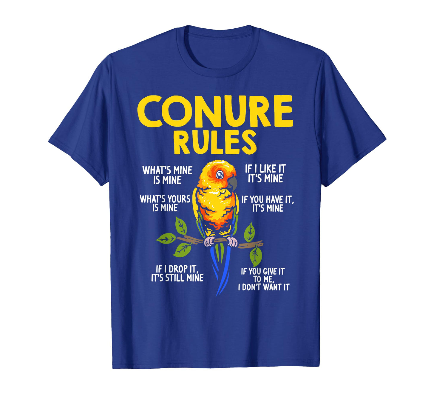Conure Rules Sun Conure Bird Lover Parrot Design Black T-Shirt for Men & Sun Conure Owners, Small, Short Sleeve, Mandarin Collar, Tropical, Cotton 65% Polyester 35%