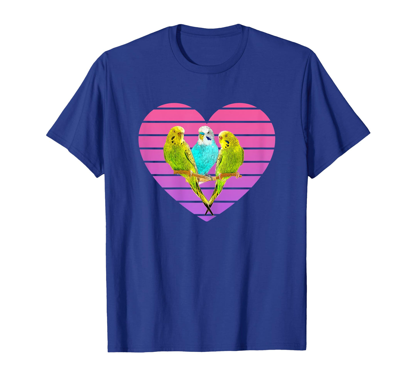 Three Parakeets Inside a Retro Sunset Style Heart T-Shirt
