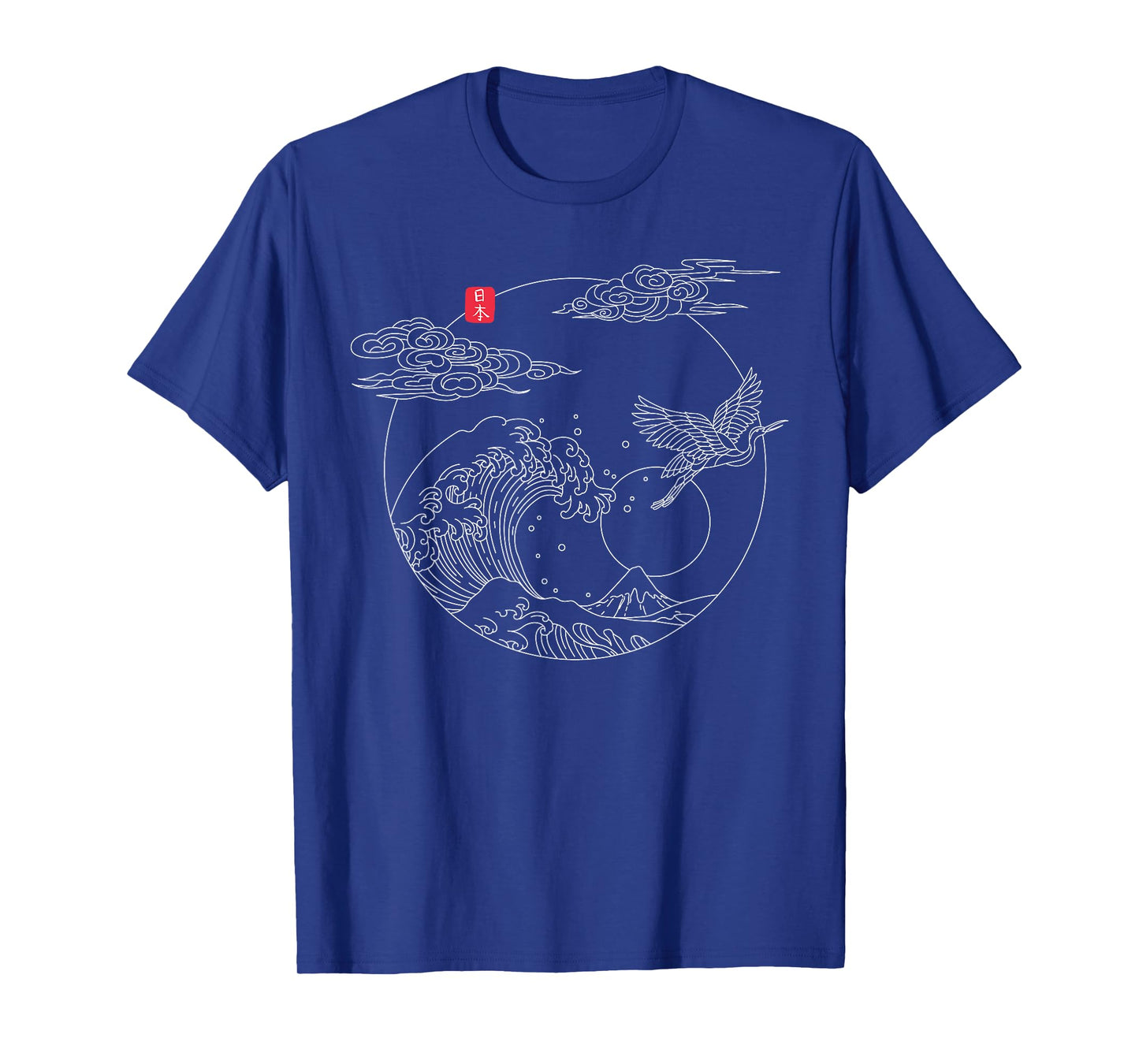 Japanese Vintage Line Art Crane The Great Wave off Kanagawa T-Shirt