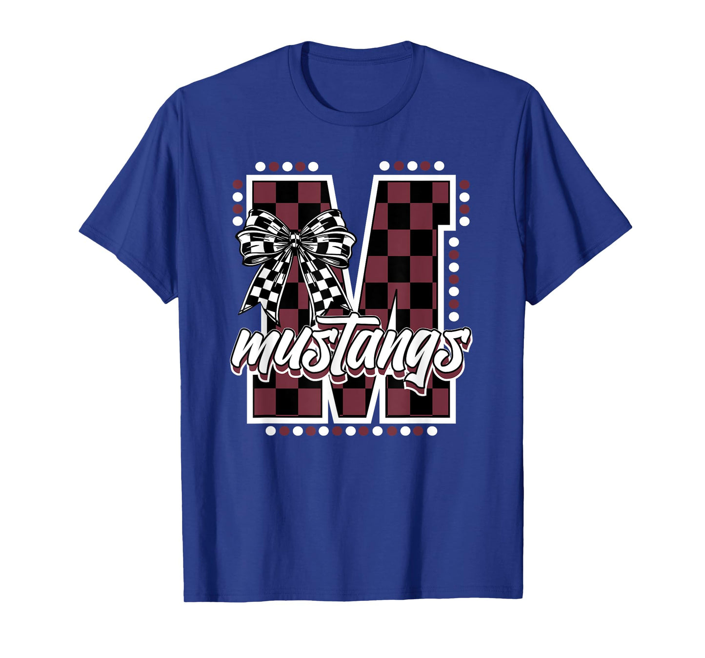 Mustangs Maroon Checkered Print Mustang Pride School Spirit T-Shirt