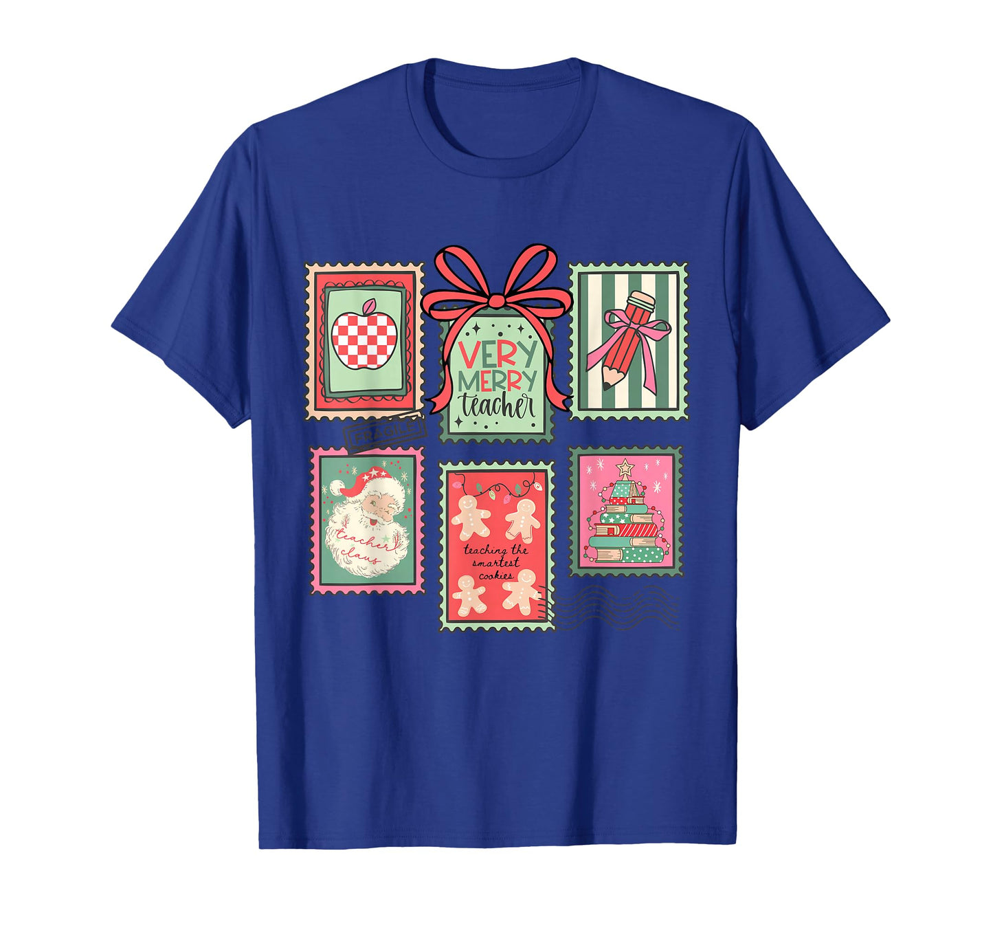 Vintage Preppy Very Merry Teacher Santa Stamps Christmas T-Shirt
