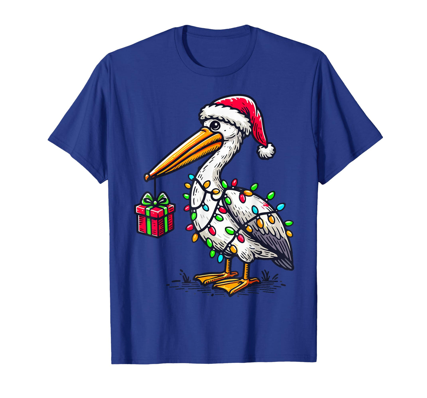 Pelican Bird Wearing Santa Hat, Holding A Present Box Xmas T-Shirt