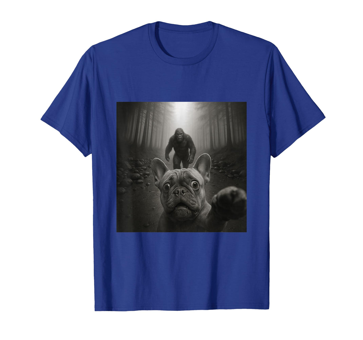 Funny Surprised Scared French Bulldog Selfie with Bigfoot T-Shirt