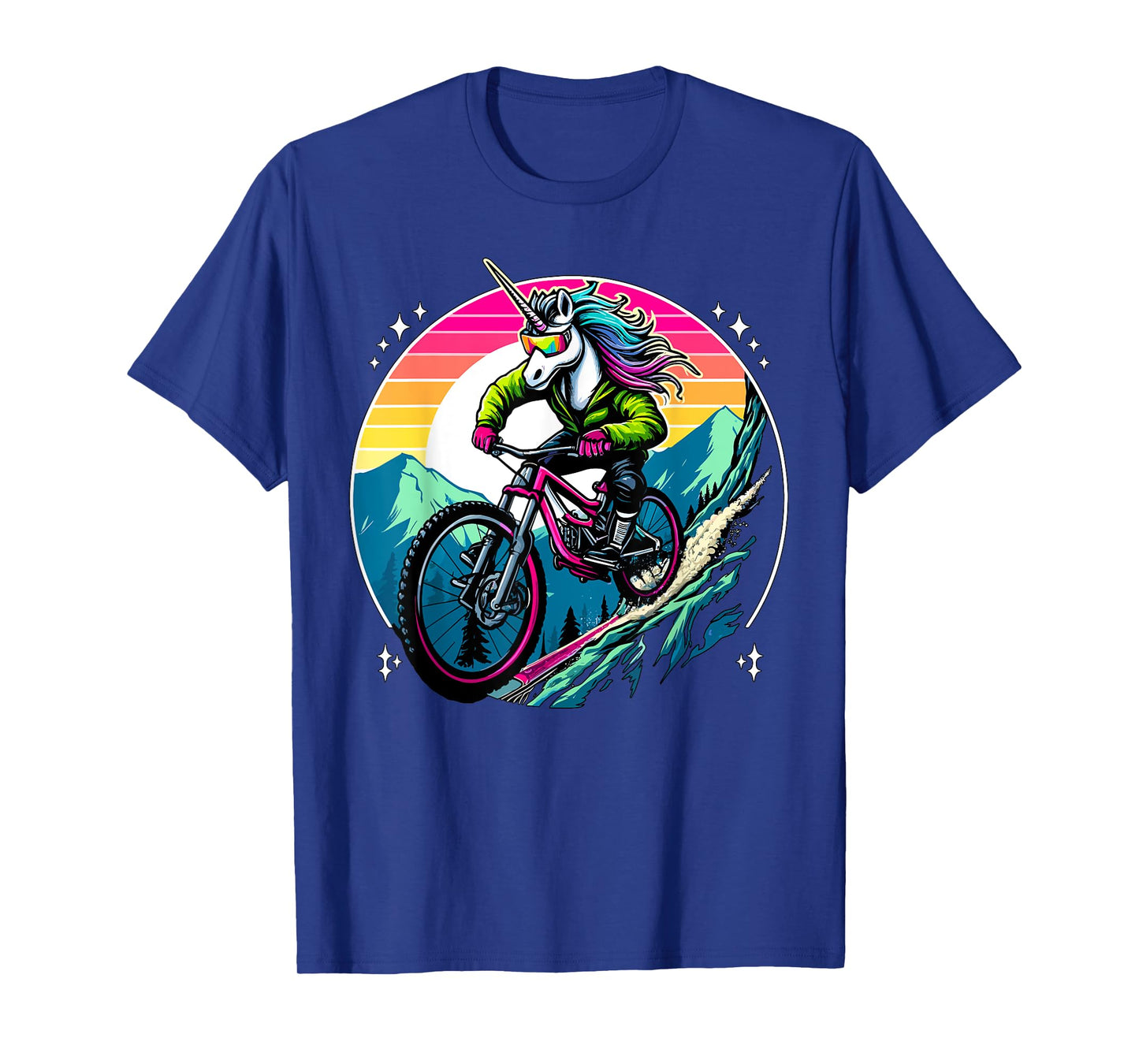 Unicorn Mountain Bike Adventure Fantasy Colorful Sunset T-Shirt