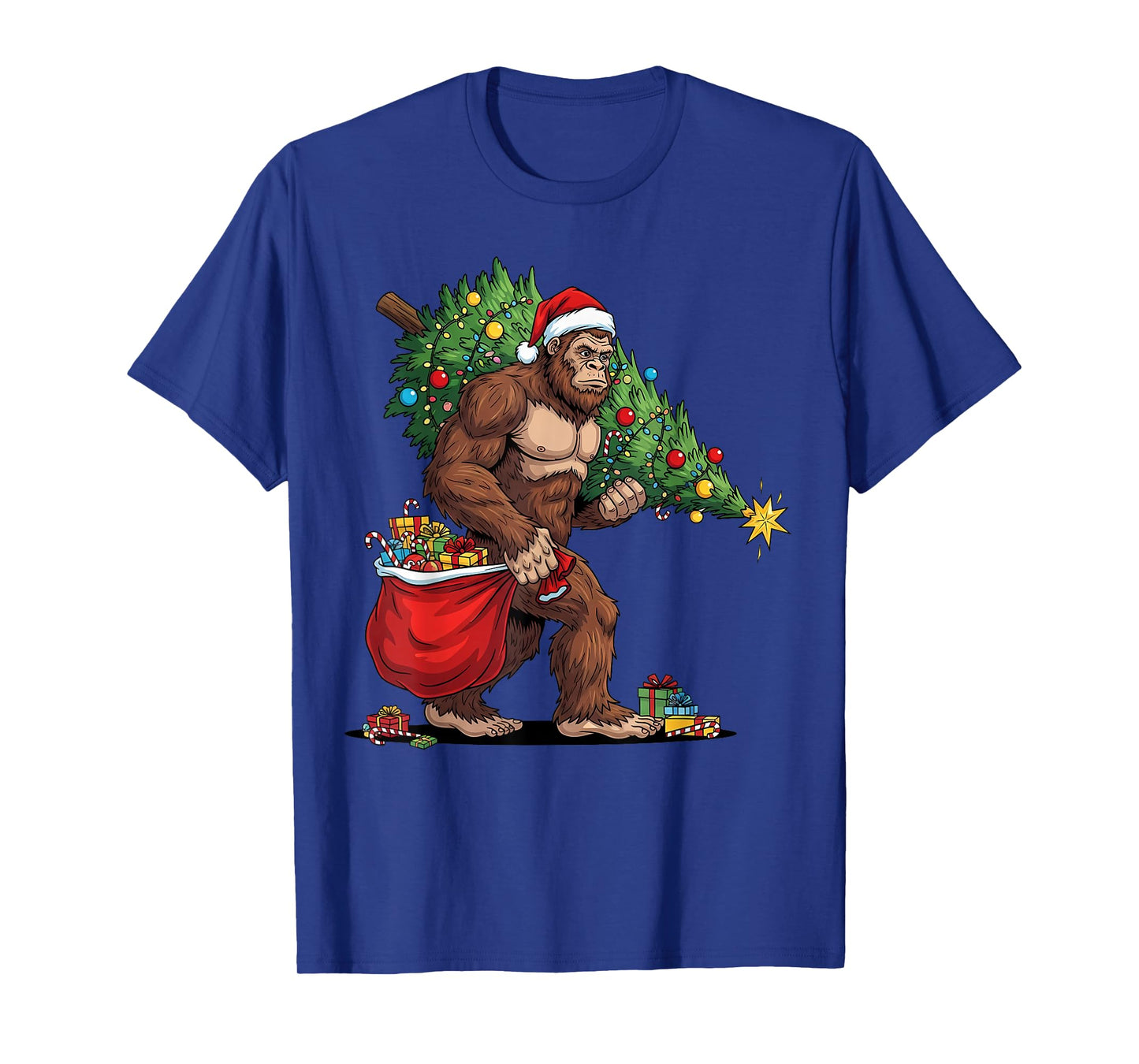 Christmas Bigfoot with Christmas Tree Lights Xmas Boys Men T-Shirt