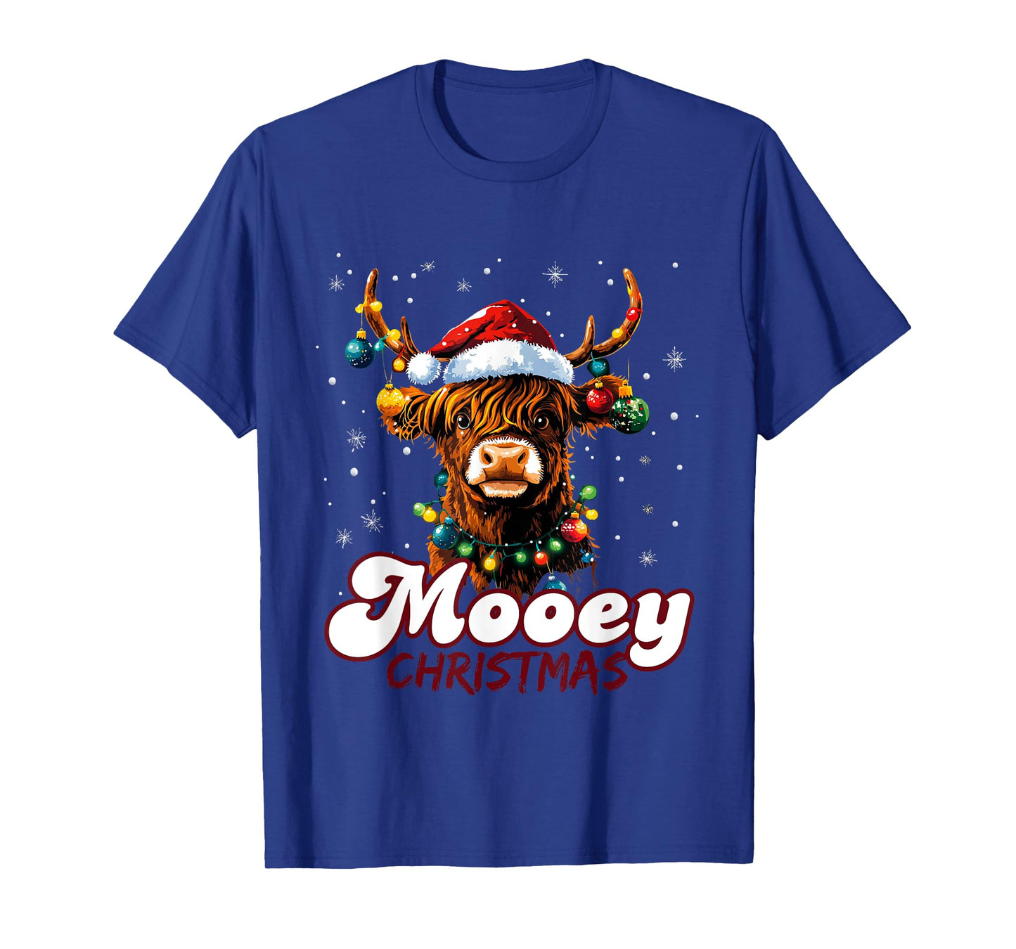 Mooey Christmas Highland Cow with Santa Hat and Xmas Lights T-Shirt