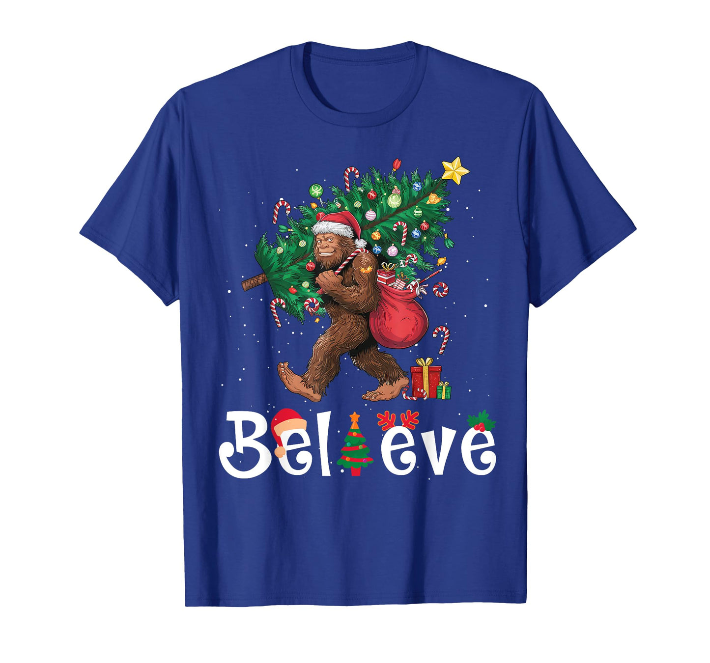 Santa Bigfoot Christmas Tree Lights Sasquatch Believe Xmas T-Shirt