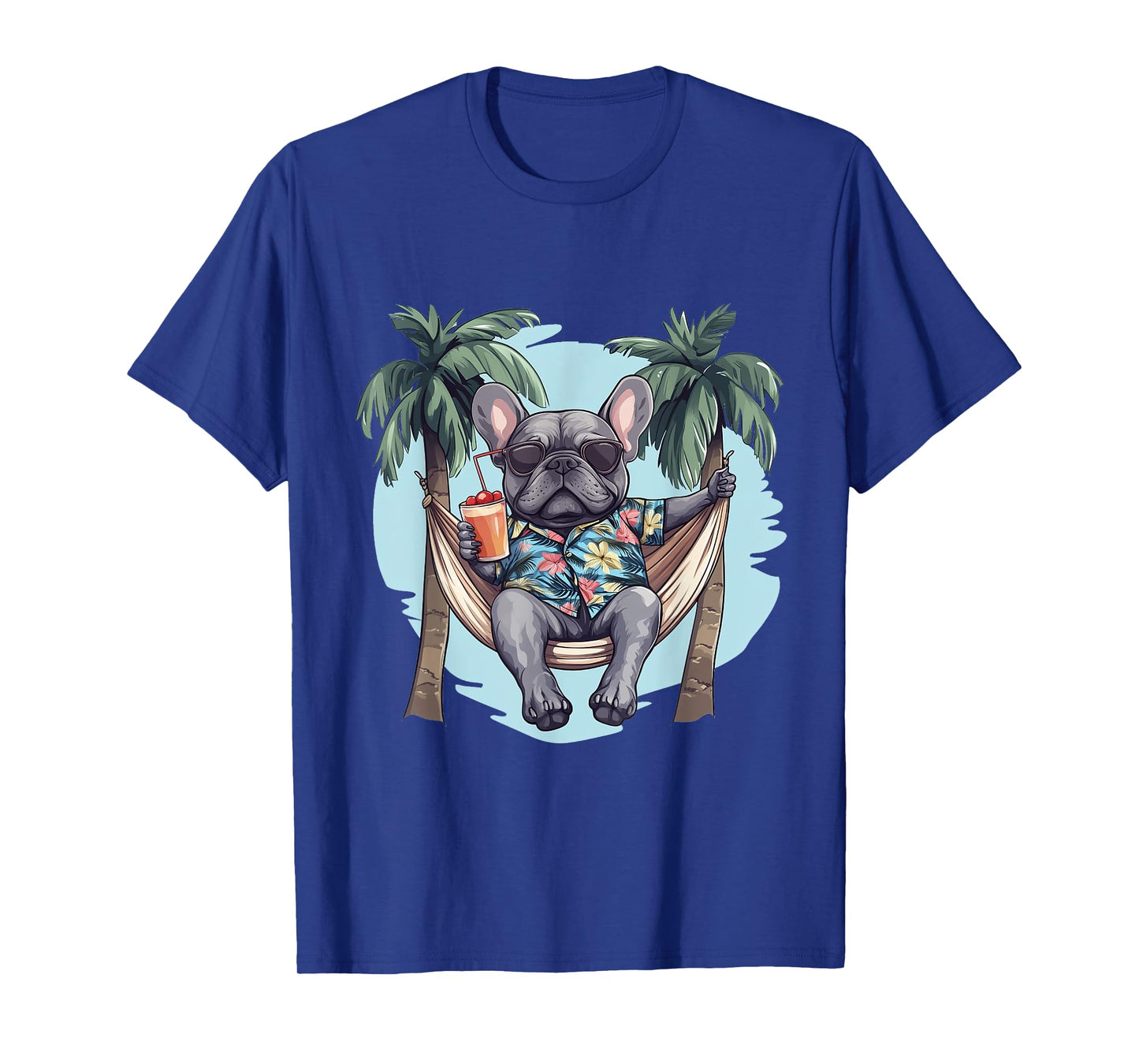 Cool Hawaiian French Bulldog Hammock Palm Trees Beach Vibes Men Women Kids T-Shirt