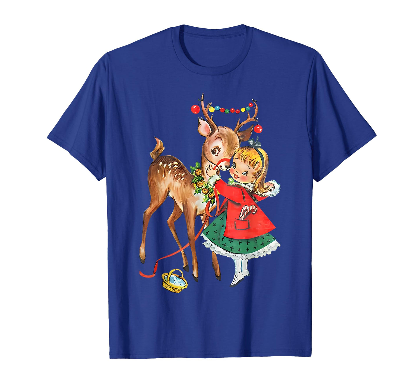 Vintage 1950s Old Fashioned Family Christmas Retro Christmas Reindeer And Girl Mid Century Xmas T-Shirt