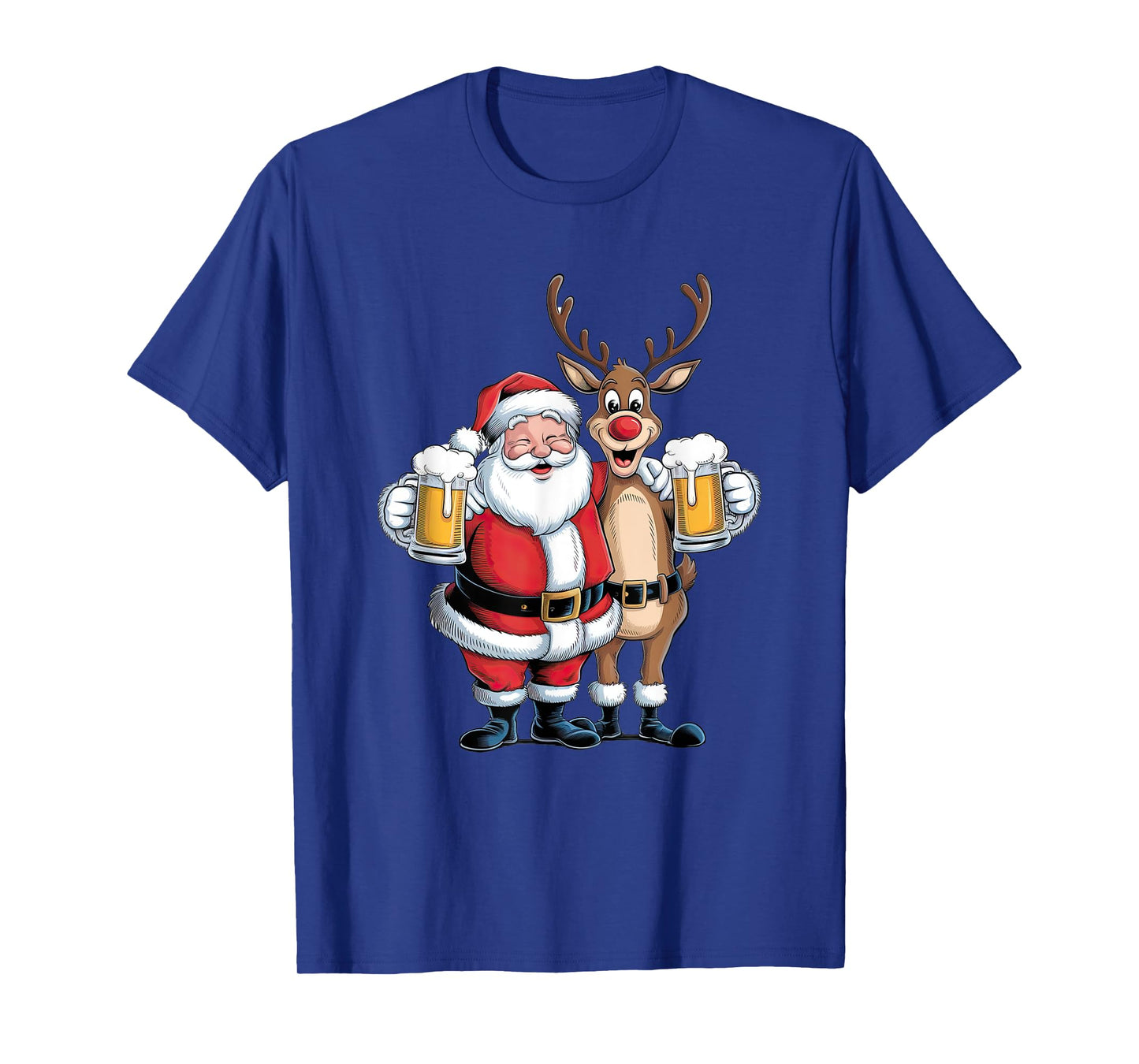 Santa Having a Beer with Reindeer. Funny Xmas Holidays T-Shirt