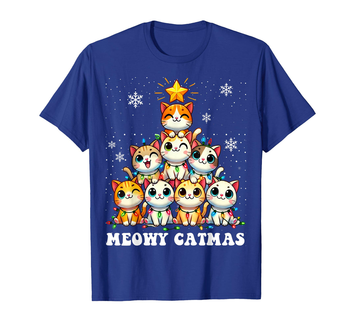 Meowy Catmas Funny Christmas Tree Lights Cute Cat Lover Xmas Men Women Kids T-Shirt
