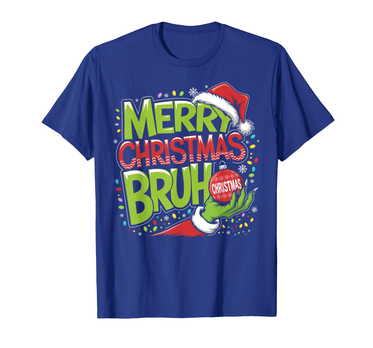 Merry Christmas Bruh Green Hand Santa Hat Xmas Family Pjs T-Shirt