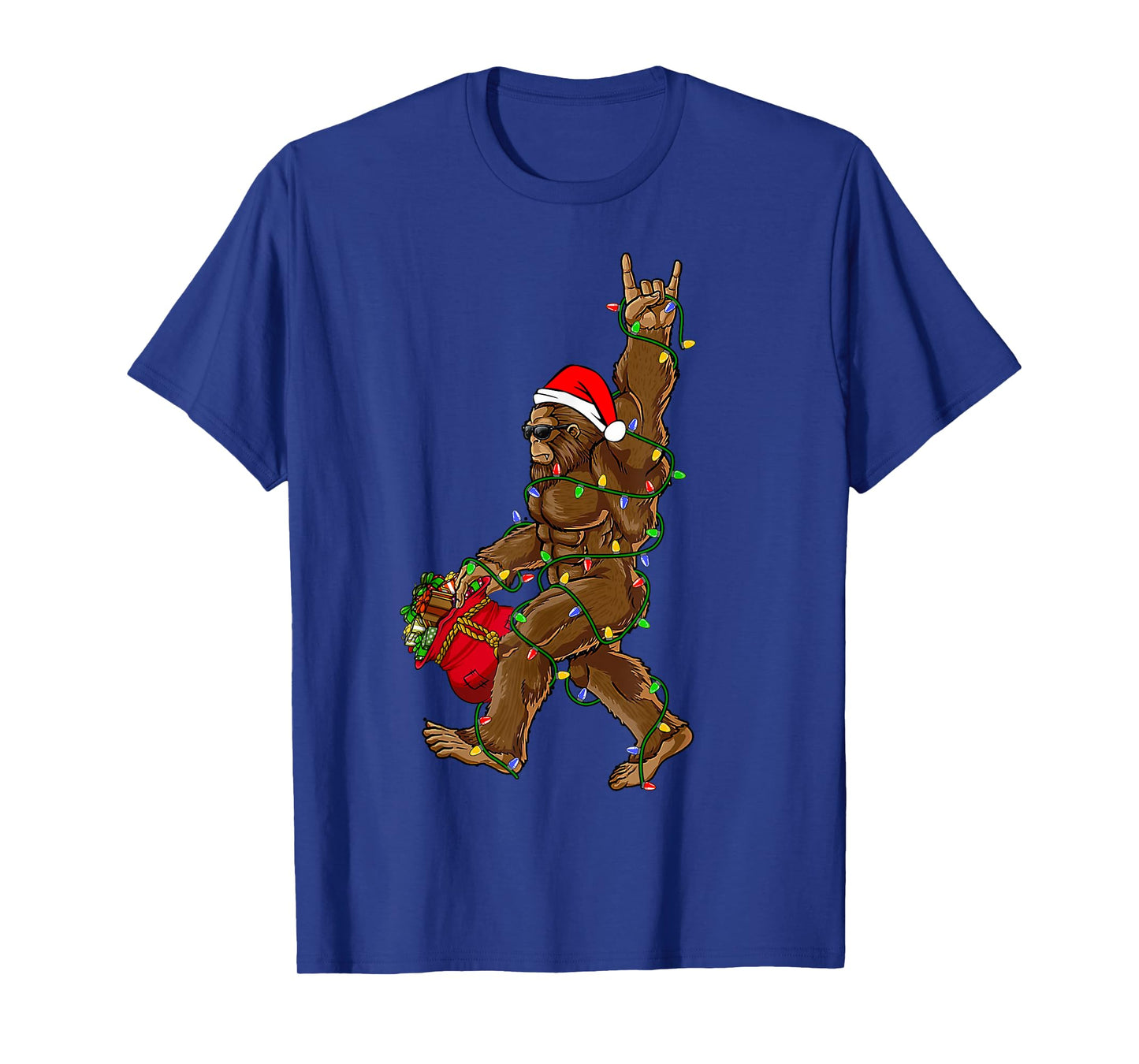 Santa Bigfoot Christmas Lights Rock Funny Sasquatch Believe T-Shirt