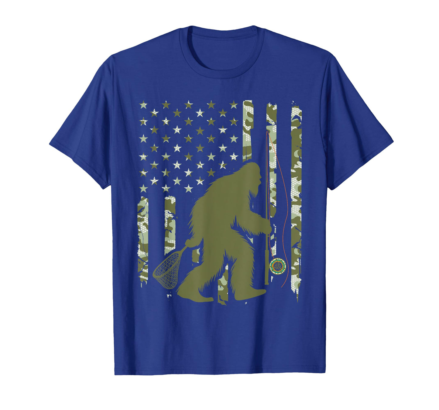 Bigfoot Sasquatch Fly Fishing American Flag Camo Vintage T-Shirt