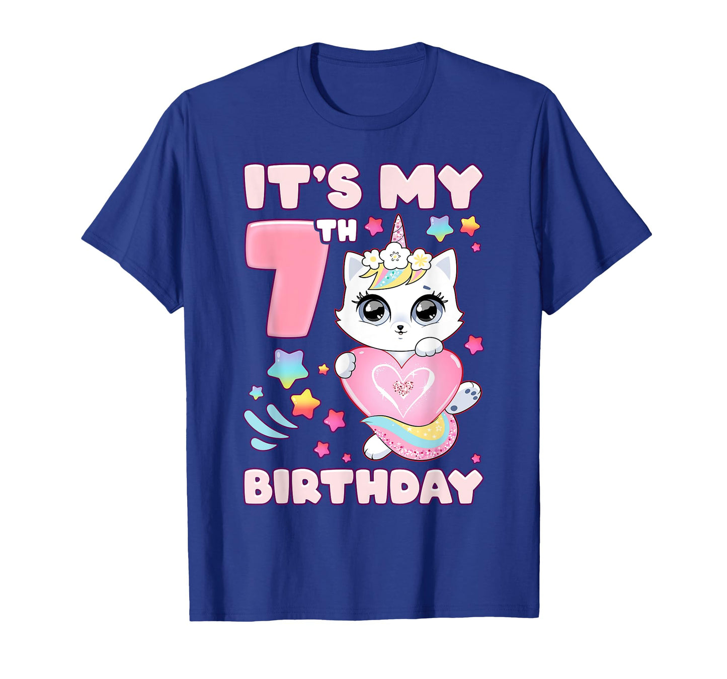 Birthday girl 7 years old, cat, unicorn, 7th birthday T-Shirt