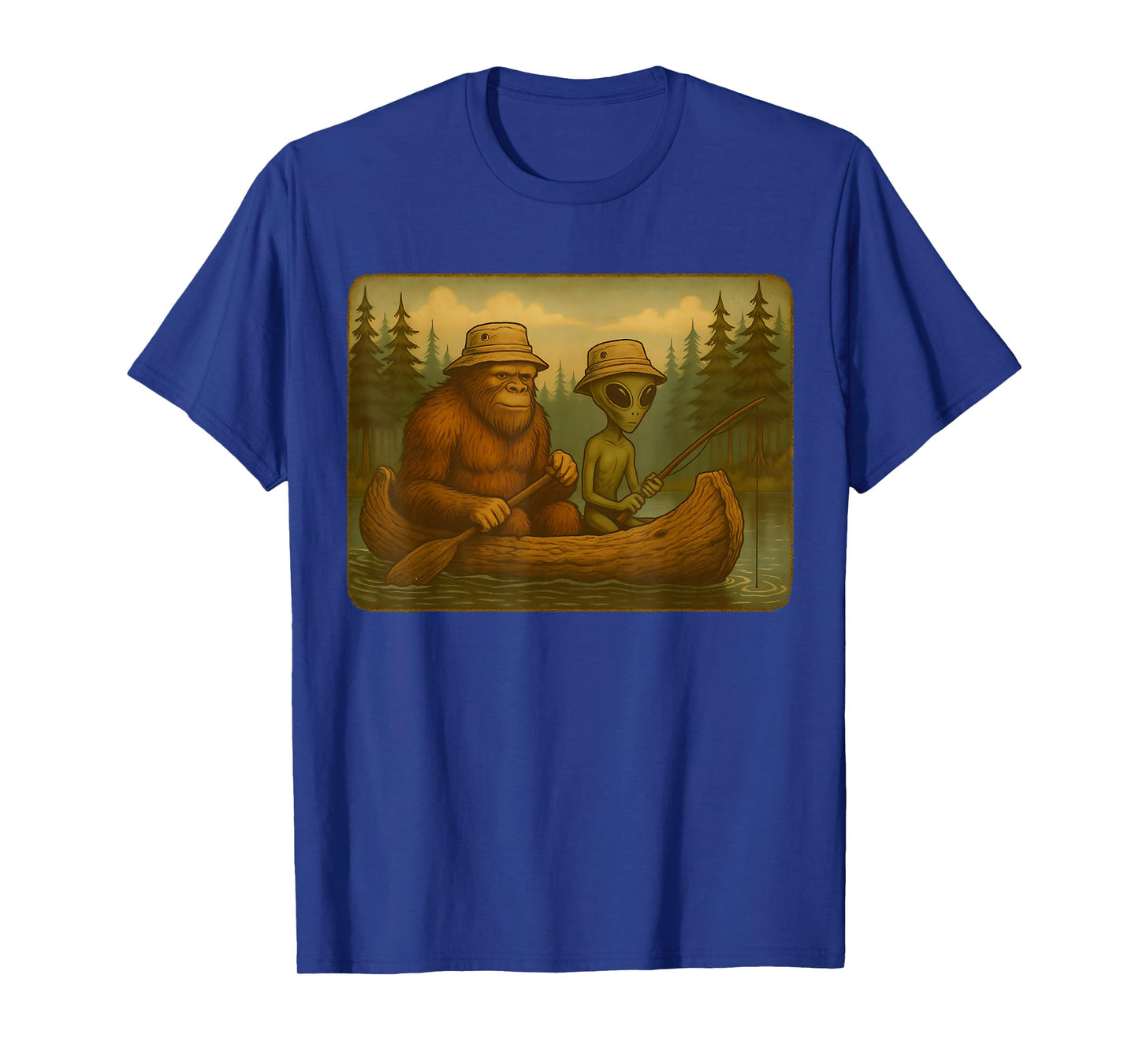 Bigfoot Alien Fishing Design Men Boys Sasquatch Fishing T-Shirt