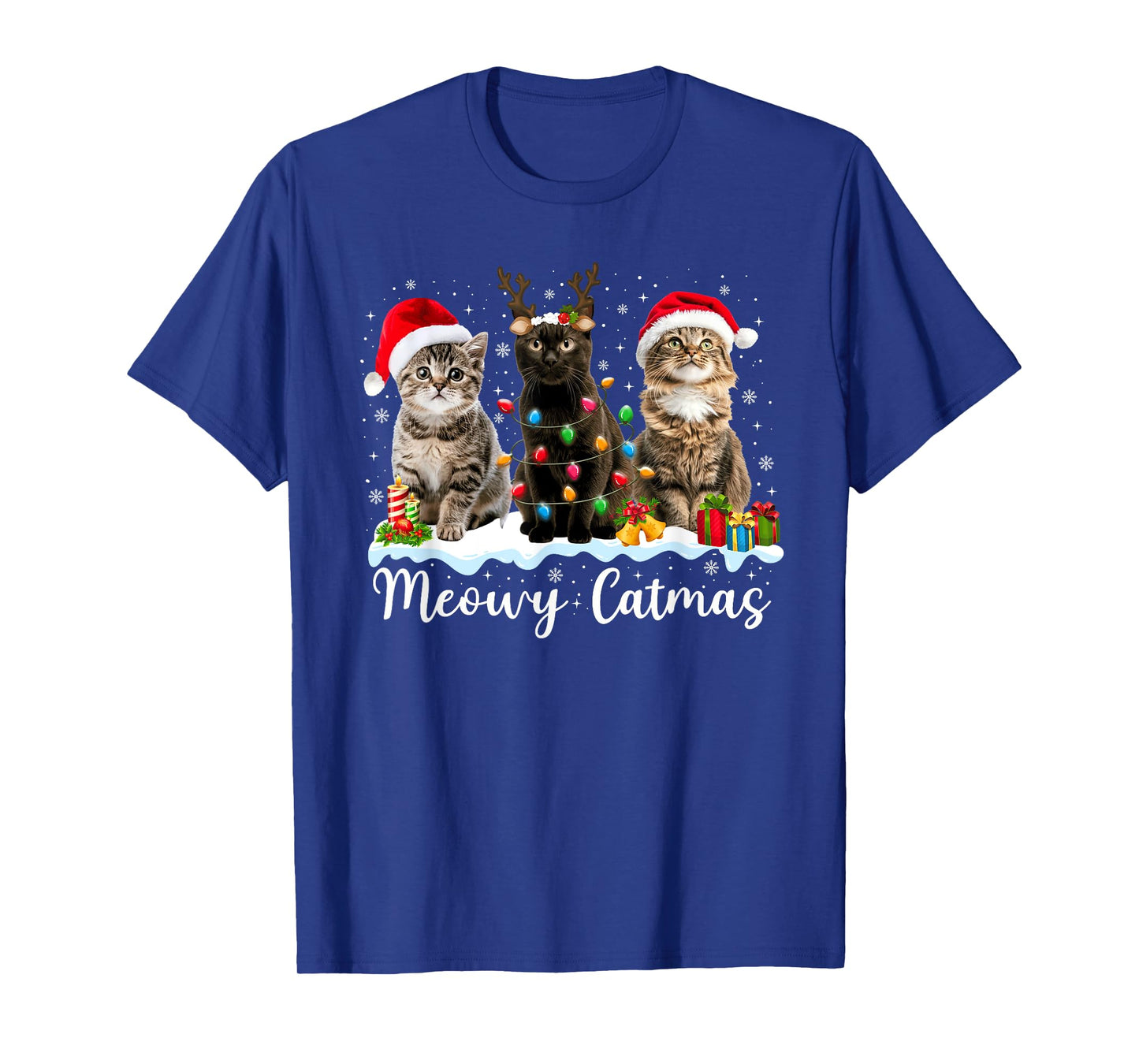 Meowy Catmas Cat Christmas Lights Xmas Pajamas Cat Lover Men Women Kids T-Shirt