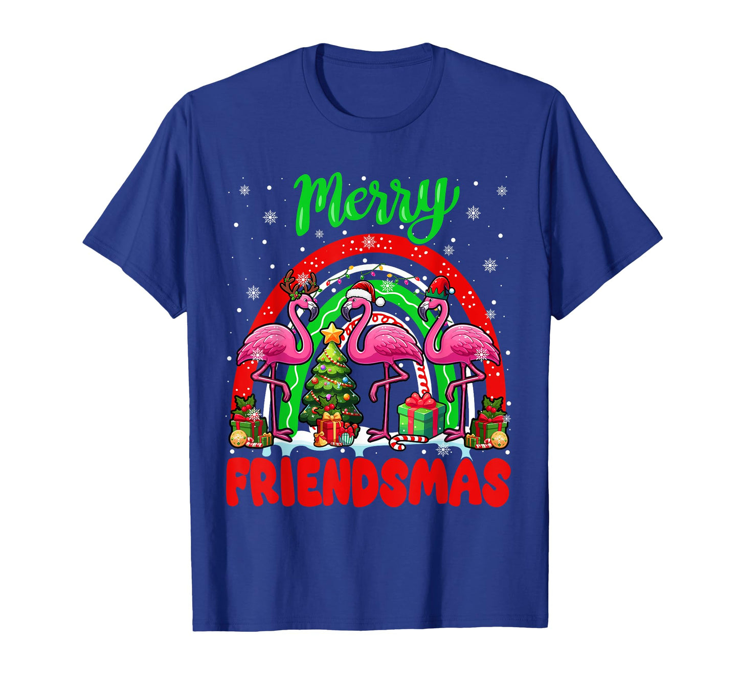 Merry Christmas Friends Three Santa Flamingos Rainbow T-Shirt