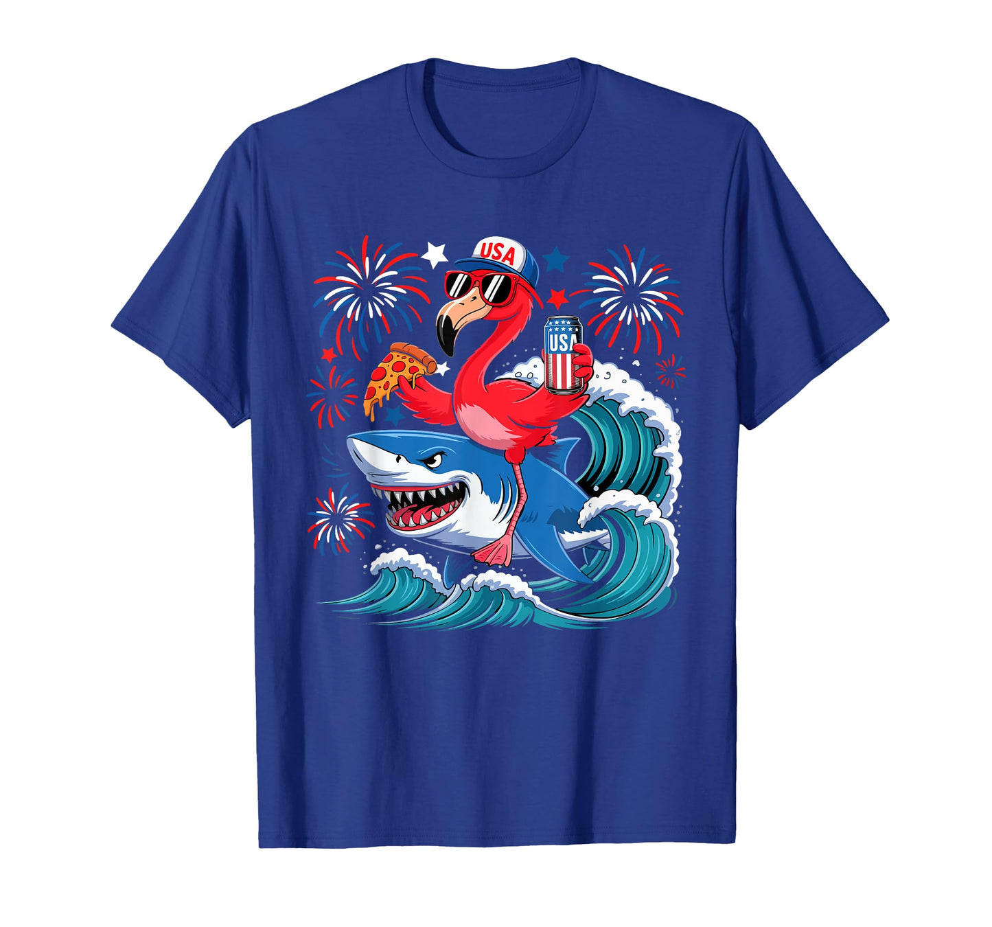 Flamingo Riding Shark With Beer Pizza 4th Of July Patriotic T-Shirt