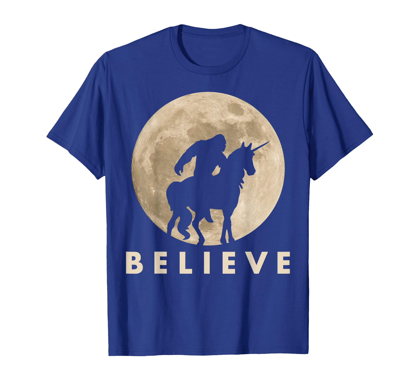 Bigfoot Riding a Unicorn Against a Full Moon Shirt, Believe! T-Shirt