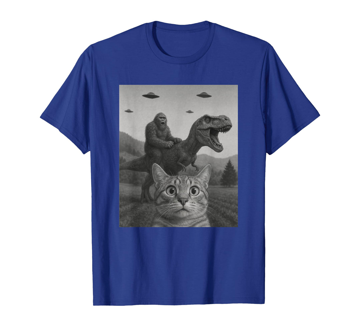 Cat Selfie with Bigfoot Riding T-rex Dinosaur Alien UFO T-Shirt