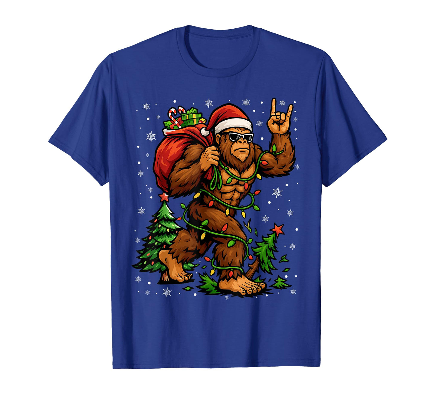 Santa Bigfoot Christmas Tree Xmas Lights Funny Sasquatch Men T-Shirt