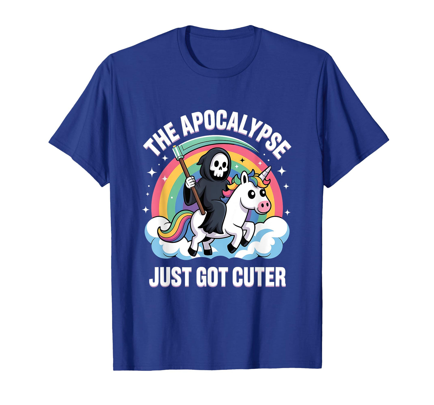 Cute Cartoon Grim Reaper Riding Rainbow Unicorn T-Shirt