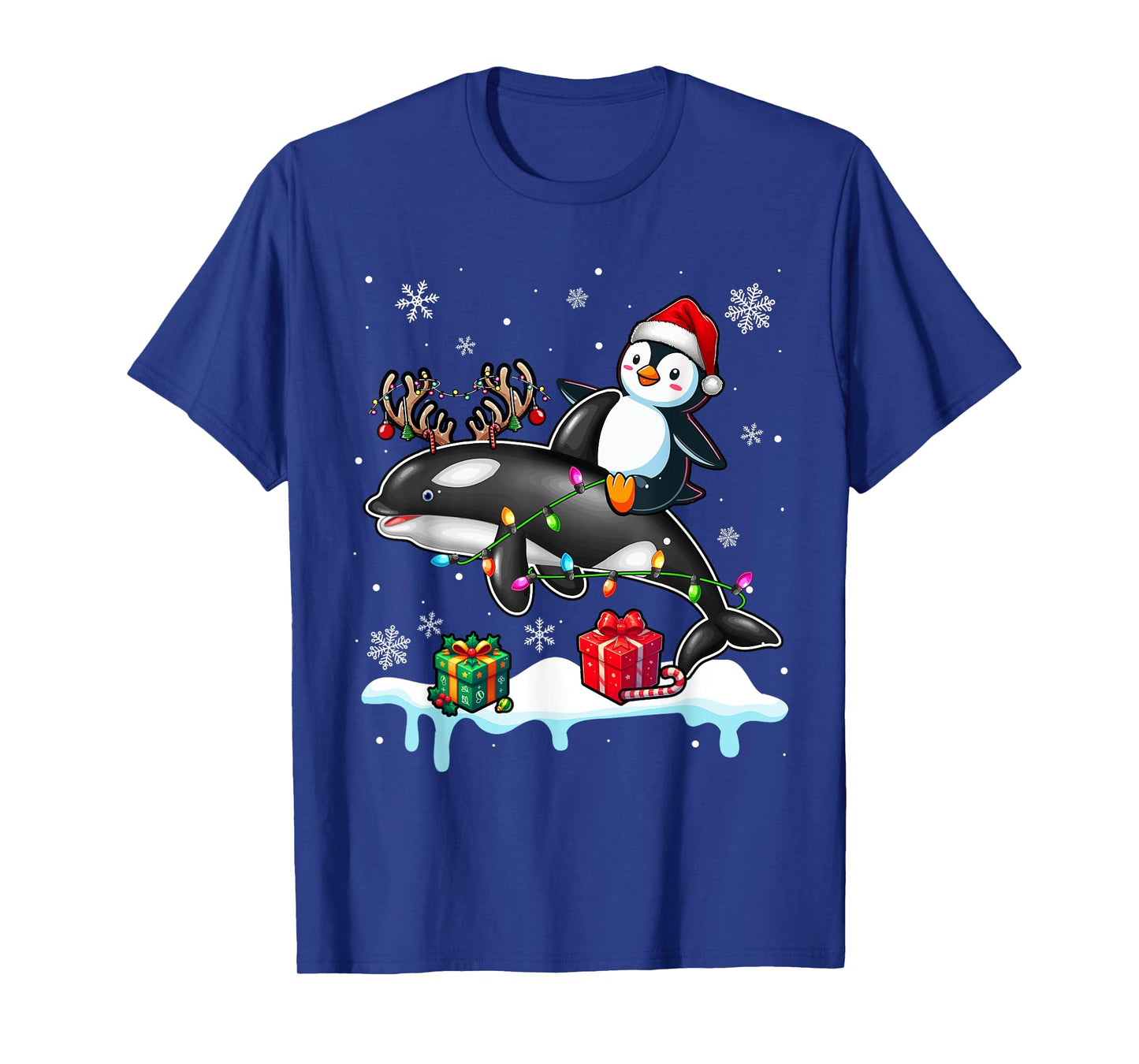 Christmas Santa Penguin Riding Reindeer Orca Lover Kids T-Shirt