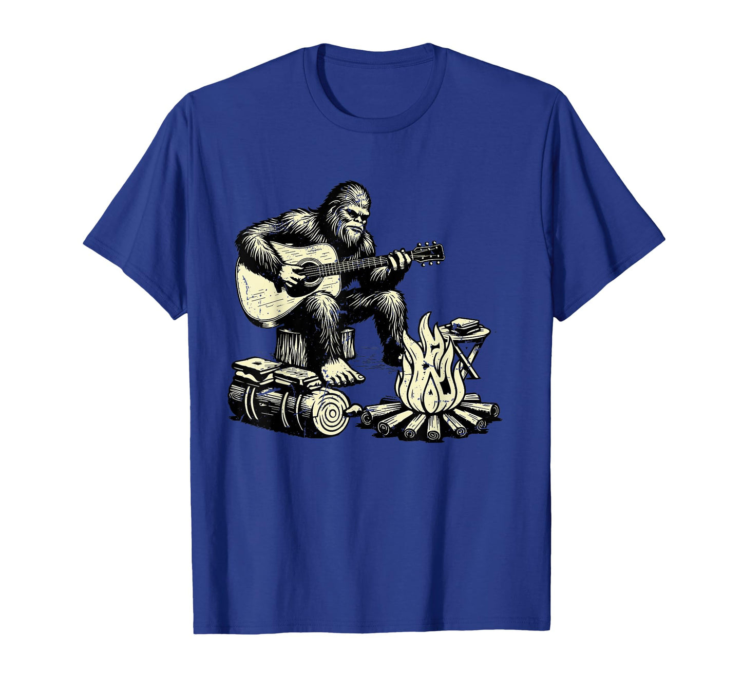 Camping Bigfoot Smore Rock Bigfoot Playing Guitar Campfire T-Shirt