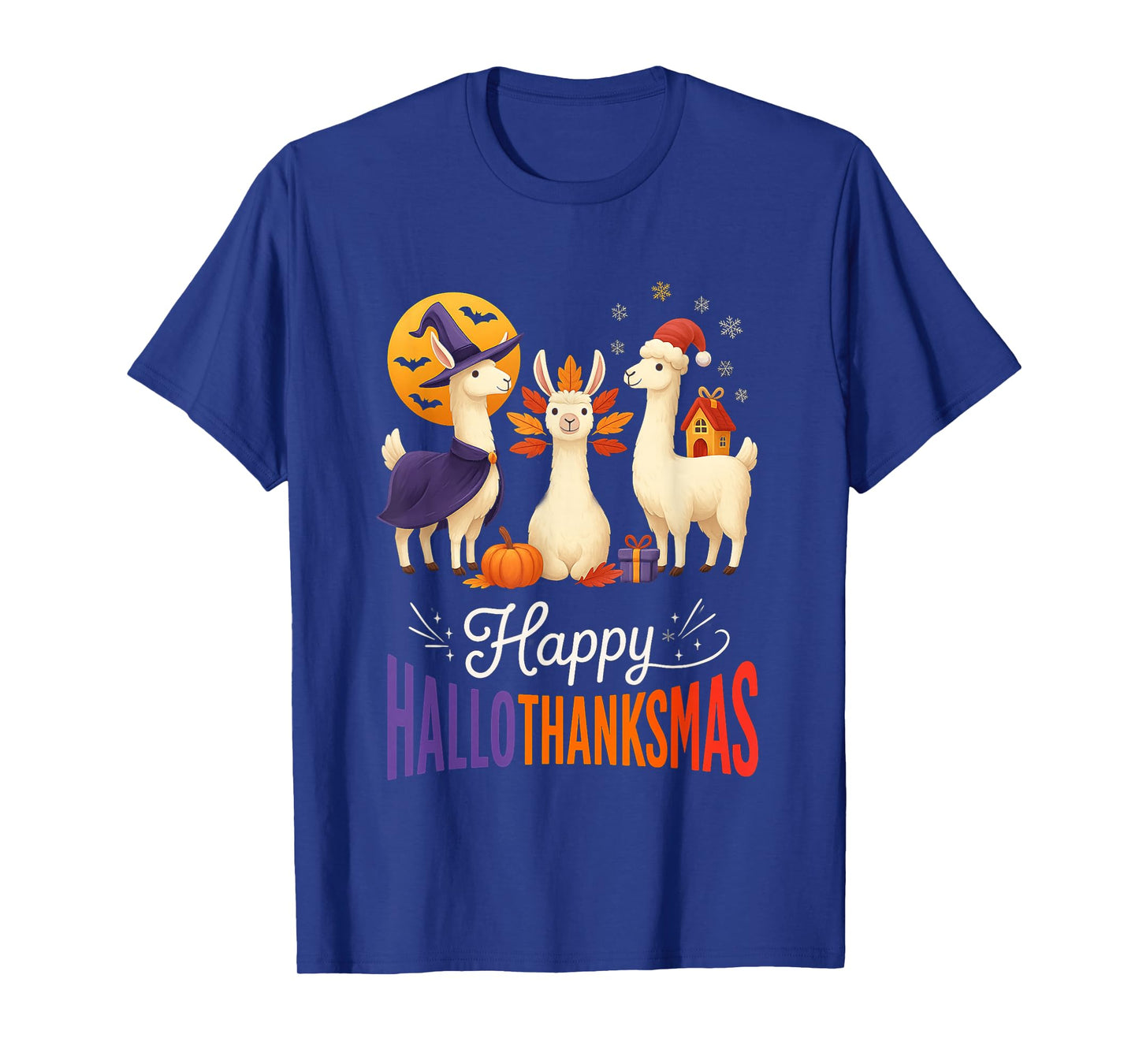 Happy Hallothanksmas Llamas Halloween Thanksgiving Xmas Fun T-Shirt
