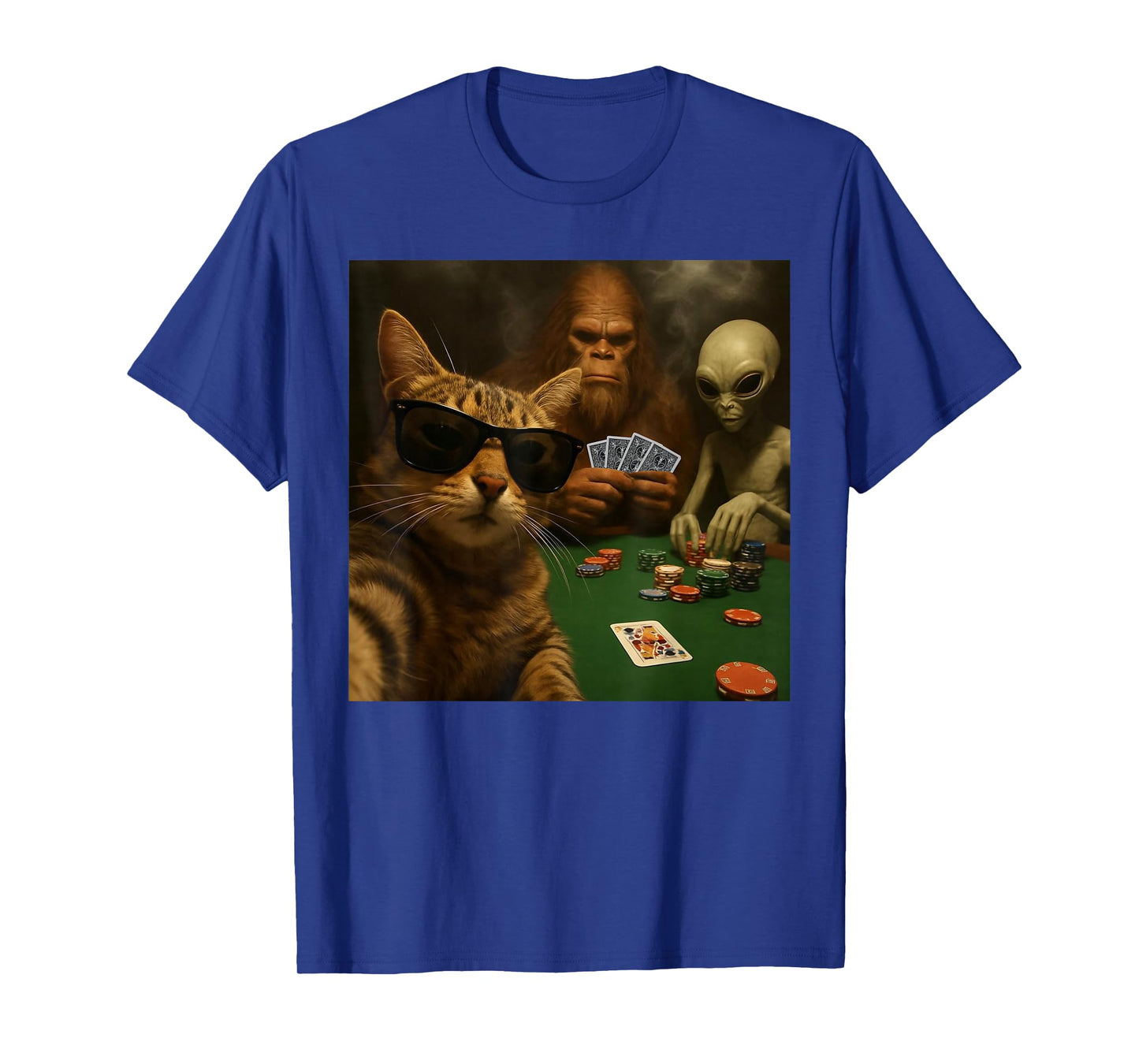Cat Poker Selfie Bigfoot & Alien Playing Cards Funny T-Shirt