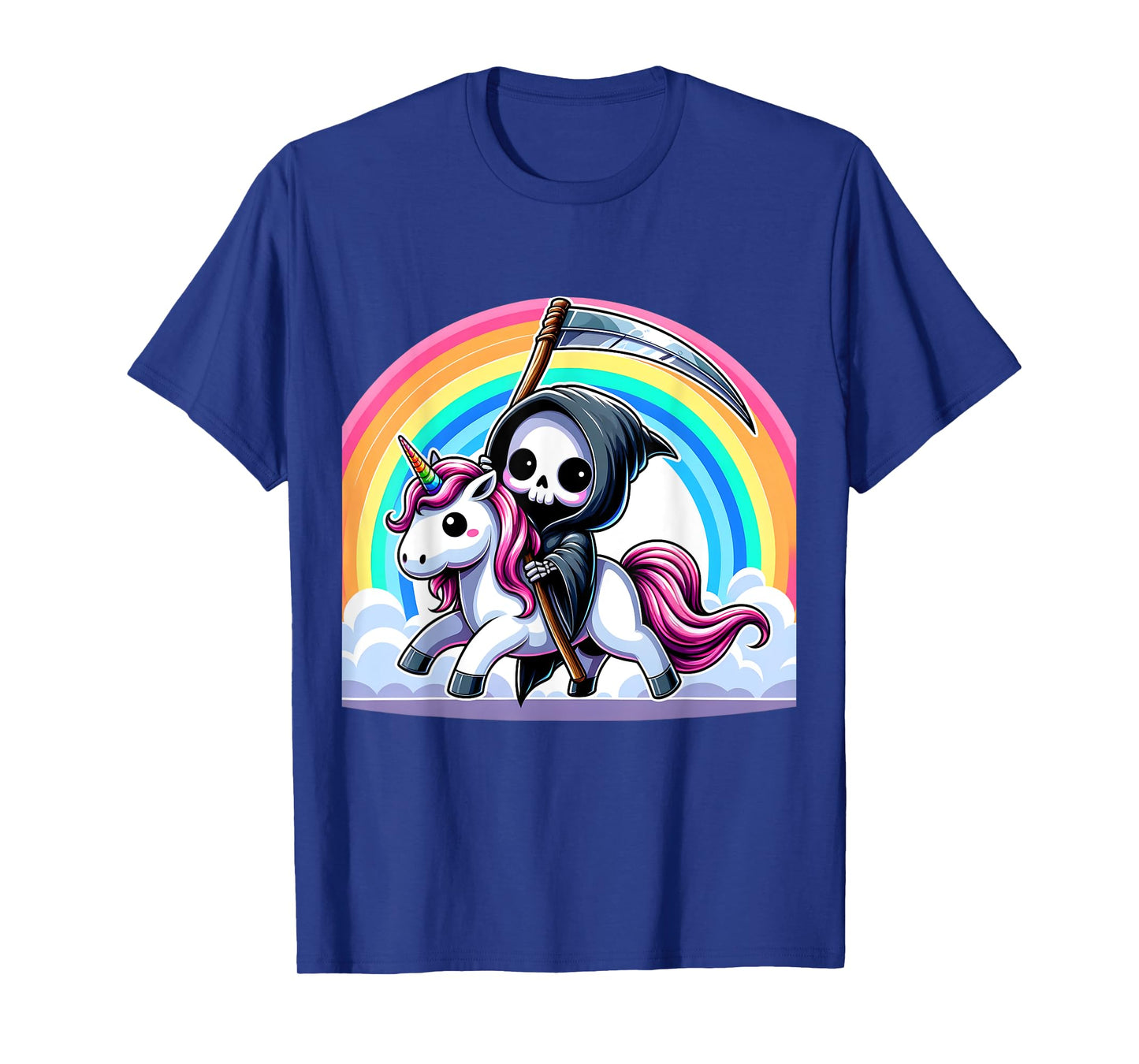 Grim Reaper Riding Unicorn Funny Rainbow Heavy Metal T-Shirt