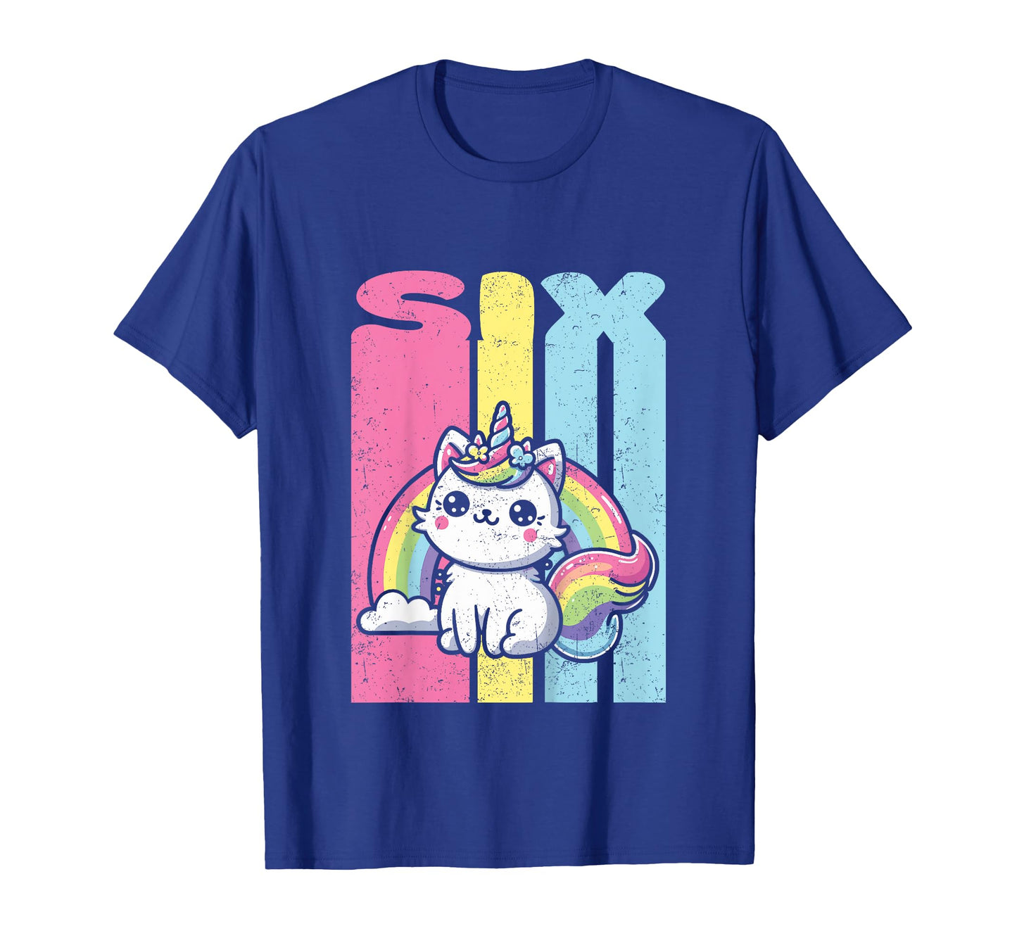 Kids Six 6th Birthday Caticorn Cat Unicorn Rainbow Grunge T-Shirt