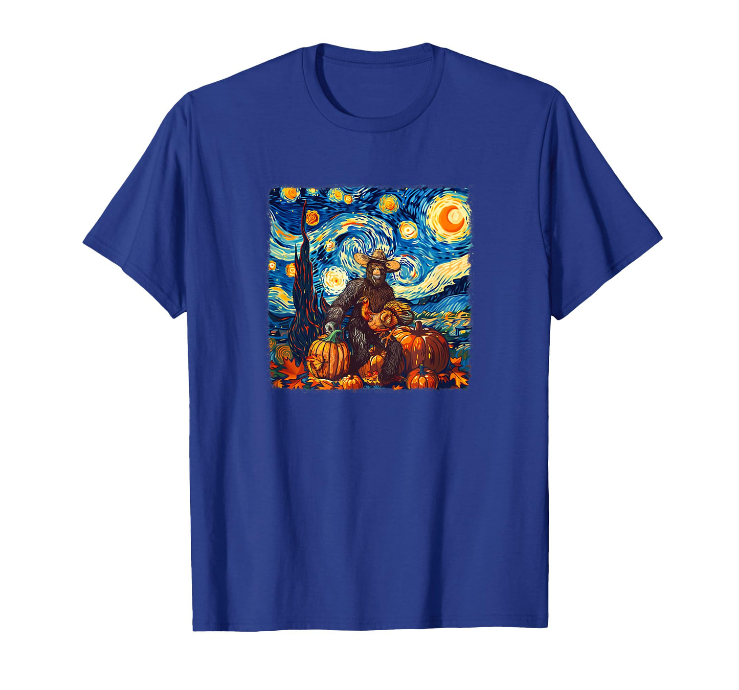 Funny Bigfoot Pilgrim Turkey Pumpkin Thanksgiving Van Gogh T-Shirt