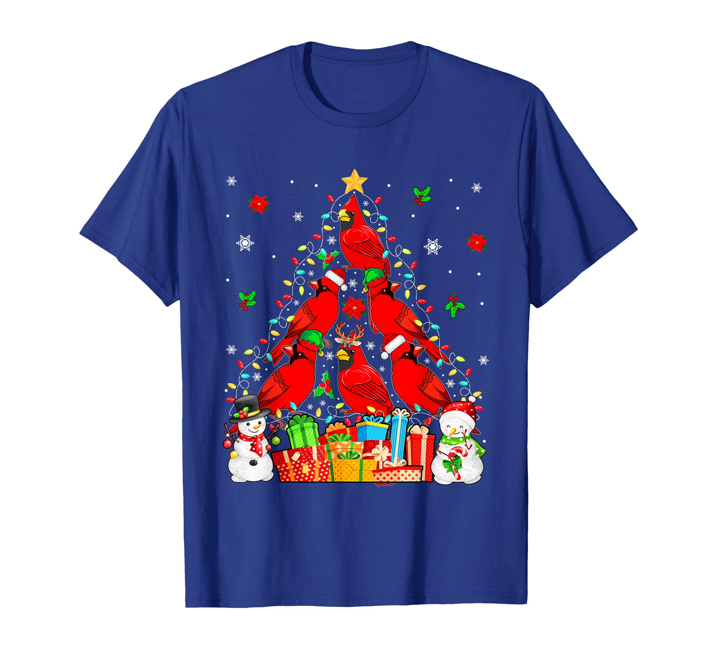 Group Santa Reindeer Elf Cardinal Birds As Xmas Tree Snowmen T-Shirt