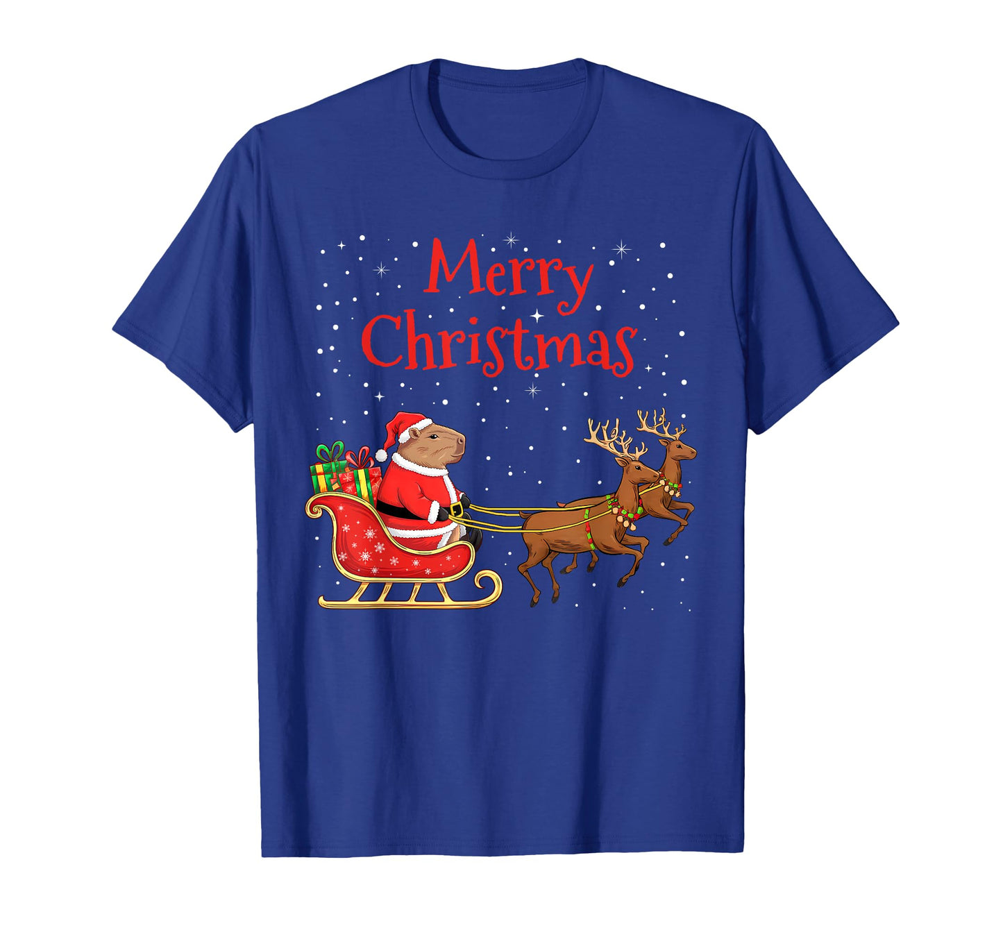 Merry Christmas Capybara Riding Santa Sleigh With Reindeer T-Shirt