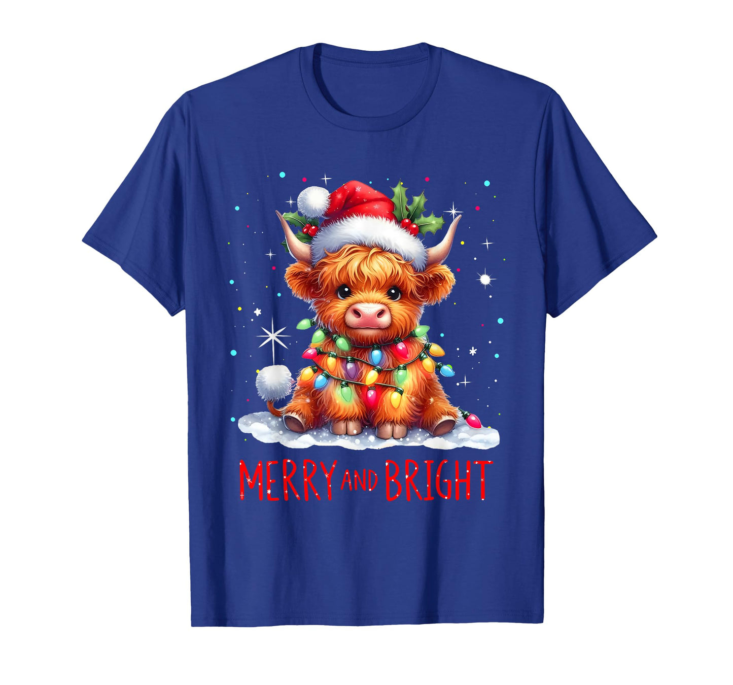 Cute Highland Baby Cow Christmas Lights Merry & Bright Xmas T-Shirt