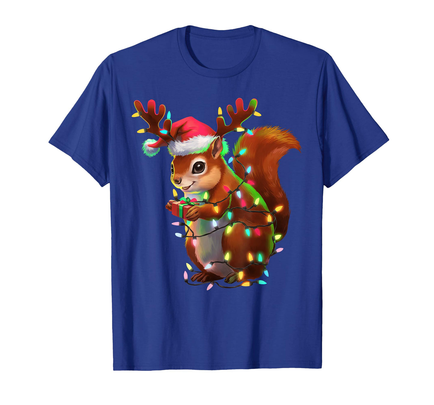 Christmas Squirrel Lights Santa Hat Xmas Family Men Women T-Shirt