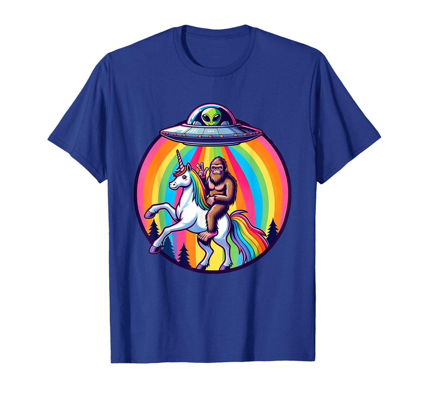 Bigfoot riding a Unicorn beamed up by a UFO, Alien, Cryptid T-Shirt