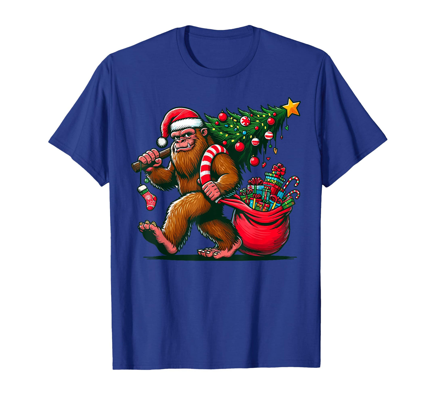 Bigfoot Christmas Tree Lights Xmas Sasquatch T-Shirt - Unisex-Adults, Kids - Blue - Small - Short Sleeve - T-Shirt - Cartoon Pattern - Winter