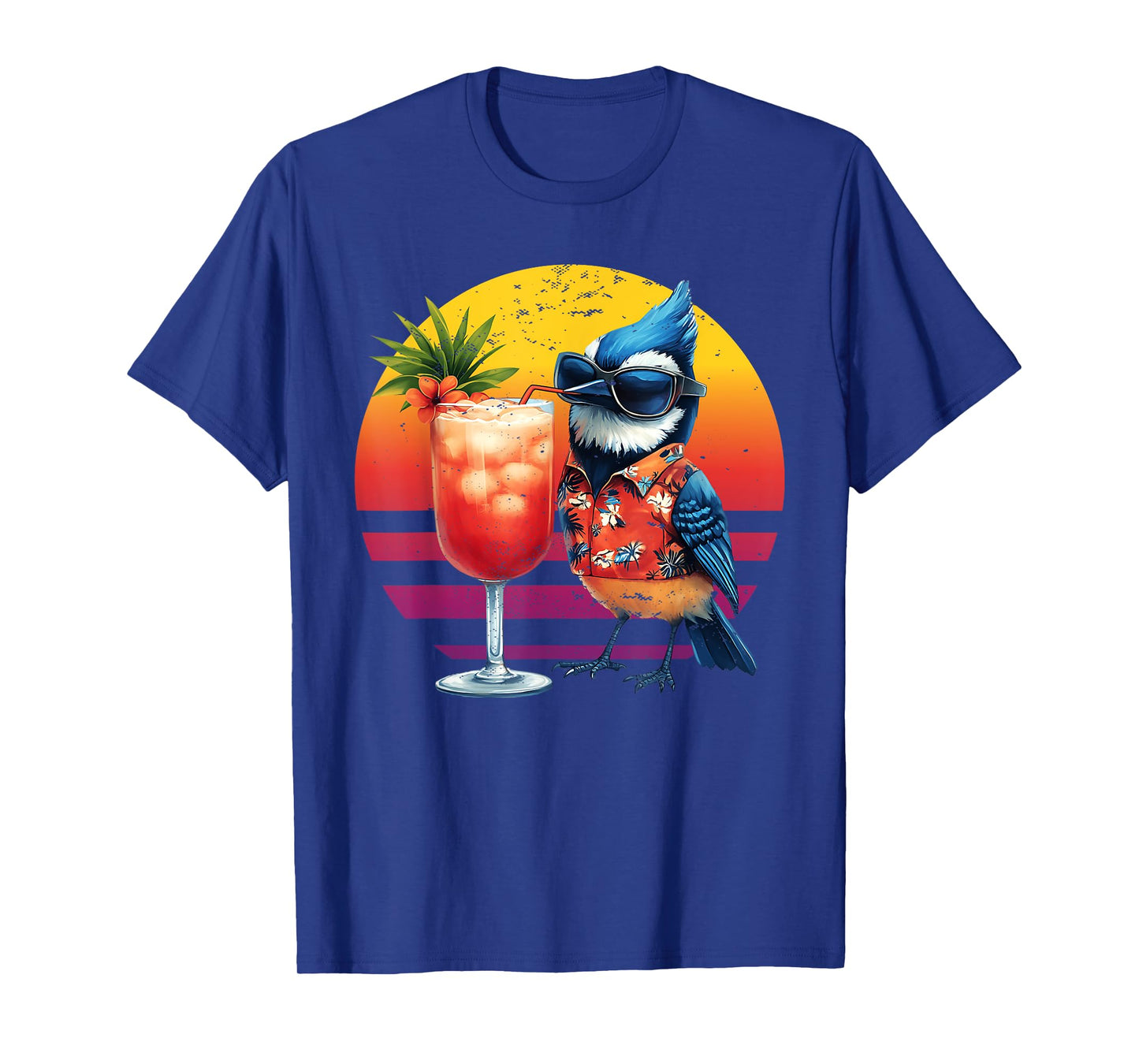 Blue Jay Drinking Hawaiian Birding Retro Summer Bird Lovers T-Shirt